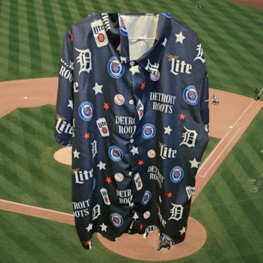 Miller‎ Lite Detroit Tigers Baseball Button Up Party Shirt